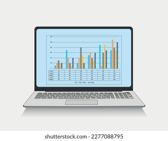 Laptop computer with charts and graph screen on white background. Analysis business accounting concept. Vector illustration design