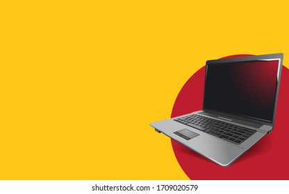 Laptop Computer In Circle On A Solid Mustard Background. Graphic Ideal On Web Page Banner For Advert. Vector. Banner Ads Design.