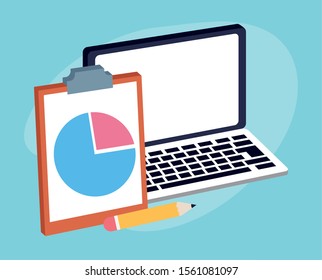 laptop computer with clipboard and pencil over blue background, colorful design , vector illustration