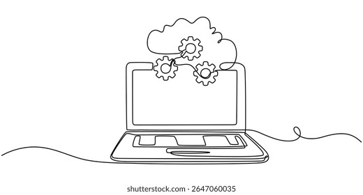 Laptop computer with cloud icon, Digital technologies. Continuous One line drawing of Exchange of information between the laptop and the cloud. A laptop glow downloads files into the cloud storage.