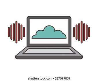 laptop computer with cloud icon on screen over white background. music and technology concept. colorful design. vector illustration