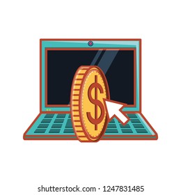 laptop computer with coin dollar and arrow