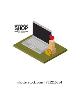 laptop computer and coins and cardboard boxes stack and heart on top over green floor colorful poster isometric shop online vector illustration