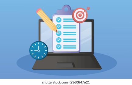 laptop computer Complete with checklist and pencil work management concept.on blue background.Vector Design Illustration.