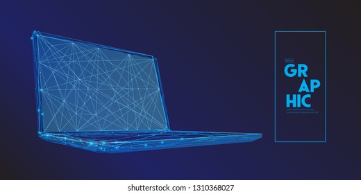 laptop computer composed of polygons. Low poly vector illustration of starry sky style. Notebook elements of lines, dots and shapes. Internet or digital with graphic design.