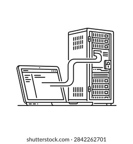 Laptop computer connected to a network server rack for data transfer and hosting.