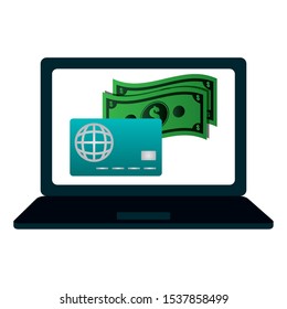 laptop computer with credit card and bills vector illustration design