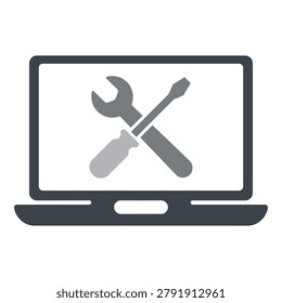 Laptop computer with crossed wrench and screwdriver on screen icon