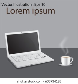 Laptop computer with cup of coffee background, with copy space. vector illustration.