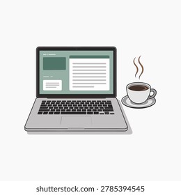 Laptop computer with cup of coffee on saucer beside it vector illustration isolated on white background