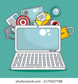 laptop computer with data center icons