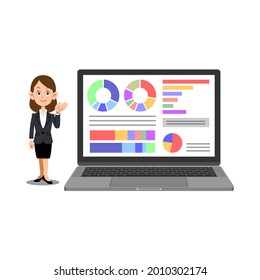 A laptop computer with data displayed on the screen and a business woman who guides you