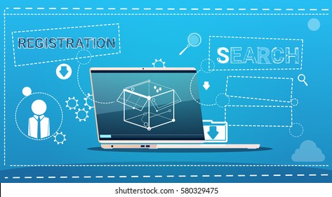 Laptop Computer Data Search Registration Concept Flat Vector Illustration