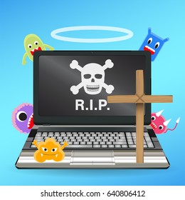 laptop computer dead by virus infected vector