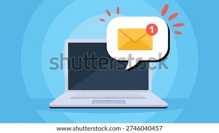 A laptop computer is depicted with a speech bubble containing an email notification. The red highlights around the bubble signify a new message alert, symbolizing online communication and digital correspondence. The image represents modern technology and the receipt of new information or updates.