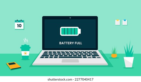 Laptop computer desk battery full icon on screen concept, vector flat design illustration. laptop desk vector flat design. computer desk vector flat design. computer desk working space.