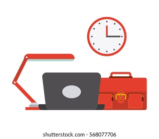 laptop computer, desk lamp, clock and briefcase over white background. colorful design. vector illustration