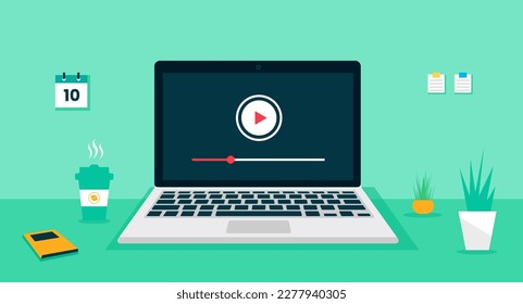 icono del reproductor de vídeo del escritorio de la computadora portátil, concepto de webinar sobre el escritorio de la laptop, negocios de la laptop, formación en línea sobre la computadora, educación sobre la informática. ilustración de vecotor de ordenador portátil plano