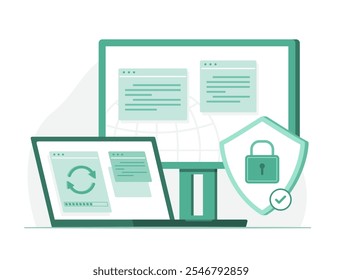 Computadora portátil y PC de escritorio Actualización de datos de seguridad para la ilustración del concepto de seguridad cibernética