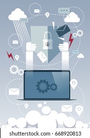 Laptop Computer Device Data Protection Cloud Storage Security Flat Vector Illustration