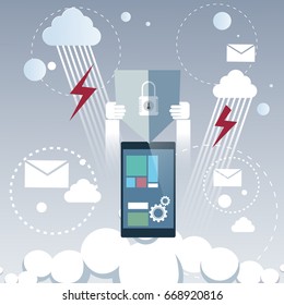 Laptop Computer Device Data Protection Cloud Storage Security Flat Vector Illustration