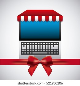 laptop computer device with red ribbon decoration over white background. black friday concept. colorful design. vector illustration