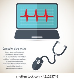 Laptop computer diagnostics icon - concept. EPS10 vector. All elements in separate layers (background, icon, text).Masses of copy space for your text.
