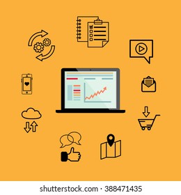 Laptop computer with a diagram on a screen with linear icons. Development, research, communication, business, application development. Vector illustration.