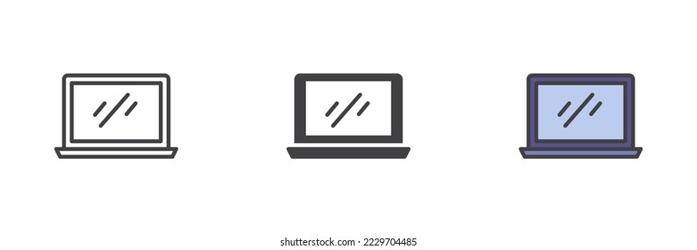Equipo portátil conjunto de iconos de estilos diferentes. Línea, glifo y contorno relleno versión colorida, contorno y signo vectorial relleno. Símbolo, ilustración del logotipo. Gráficos vectoriales