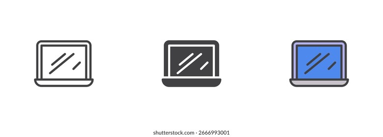 Ordenador portátil diferente estilo icono conjunto. Línea, glifo y contorno relleno versión colorida, contorno y signo de Vector relleno. Símbolo, ilustración del logotipo. Gráficos de Vector.