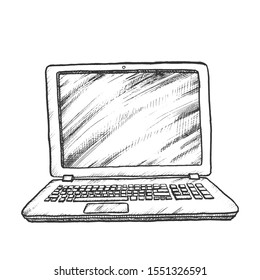 Laptop Computer Digital Gadget Monochrome Vector. Modern Laptop With Blank Monitor. Technological Device Engraving Concept Template Hand Drawn In Vintage Style Black And White Illustration