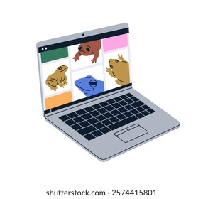 Laptop computer, digital screen displaying internet content, pictures. PC with keyboard for browsing web-site online, searching by image. Flat vector illustration isolated on white background