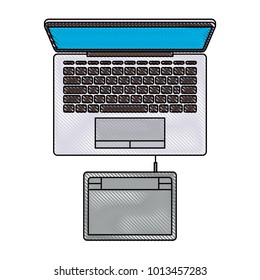 laptop computer and digitizer tablet connection on top view in colored crayon silhouette