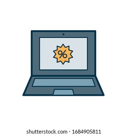 laptop computer with discount seal on screen icon over white background, line and fill style, vector illustration