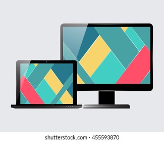 Laptop and computer display. Material design screensaver. Vector illustration.