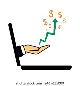 laptop computer displaying information about an upward arrow graph and increasing profit amounts