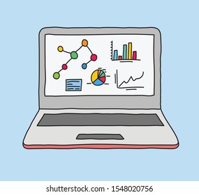 Laptop computer displaying statistics and analytics data in hand drawn sketch style. Colour filled.