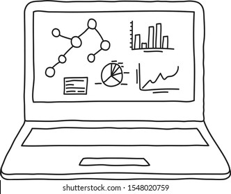 Laptop Computer Displaying Statistics And Analytics Data In Hand Drawn Sketch Style. Unfilled Outline.