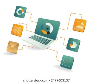 A laptop computer displaying various icons next to a business card on a desk