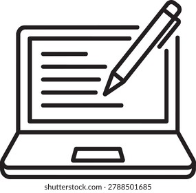 Laptop computer displaying written document and pen thin line vector icon for personal text diary blog