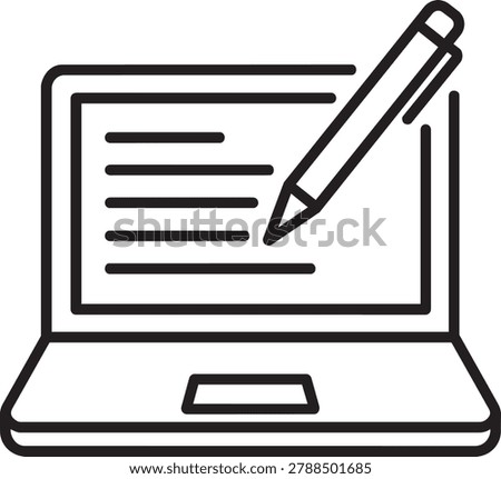 Laptop computer displaying written document and pen thin line vector icon for personal text diary blog