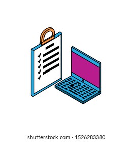laptop computer with document checklist vector illustration design