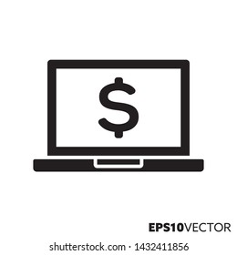 laptop computer with dollar sign solid black icon. Glyph symbol of online banking and money transactions. Web-based financial services flat vector illustration.
