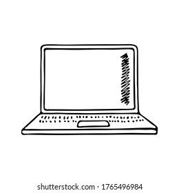 Laptop, computer in doodle style isolated on white background. Template for postcard, banner, poster, web design. Hand Drawn vector illustration.