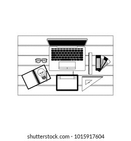 laptop computer and drawing tools over desk on top view in black dotted contour