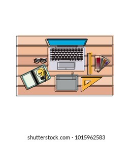 laptop computer and drawing tools over desk on top view in watercolor silhouette