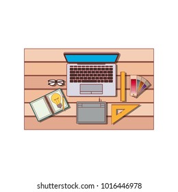 laptop computer and drawing tools over desk on top view in colorful silhouette with thin red contour