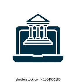 laptop computer with education building icon over white background, silhouette style, online education concept, vector illustration