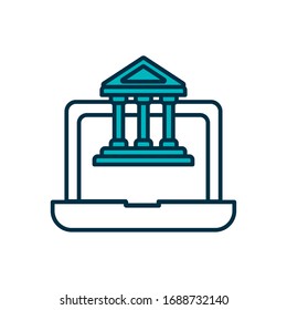 laptop computer with education building icon over white background, half line half color style , online education concept, vector illustration