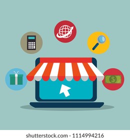 laptop computer with electronic commerce icons